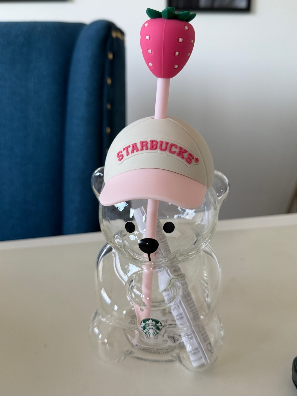 Starbucks Pink Strawberry Bear GLASS Cup with Straw